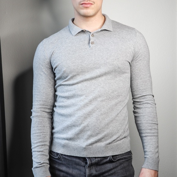 Topman Muscle Fit Sweater Polo | grey knit long sleeve - Picture 3 of 8